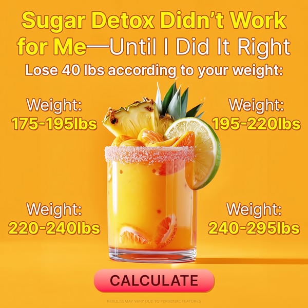 A static ad creative featuring a vibrant detox juice drink with a text-based calculator hook segmented by weight ranges.